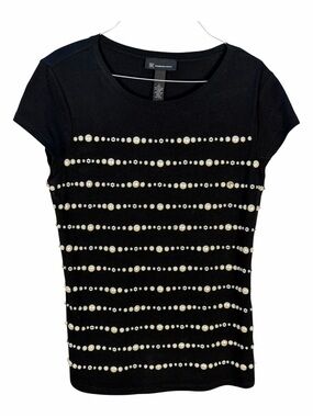 INC International Concepts Black Short Sleeve Pearl & Rhinestone Stripe Top